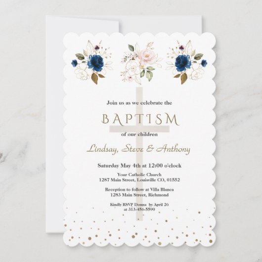 Pink Navy Blue Floral Gold Triplets Baptism   Kaart (Voorkant)