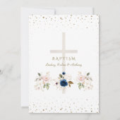 Pink Navy Blue Flowers Gold Triplets Baptism   Kaart (Achterkant)