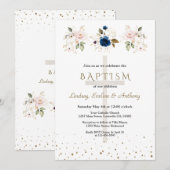 Pink Navy Blue Flowers Gold Triplets Baptism   Kaart (Voorkant / Achterkant)