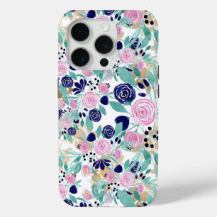 Pink Navy Blue Gold Waterverf Flowers Patroon iPhone 15 Pro Case