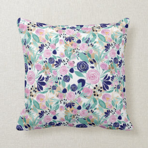 Pink Navy Blue Gold Waterverf Flowers Patroon Kussen