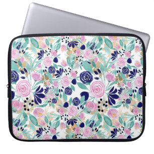 Pink Navy Blue Gold Waterverf Flowers Patroon Laptop Sleeve