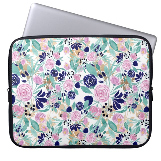 Pink Navy Blue Gold Waterverf Flowers Patroon Laptop Sleeve (Voorkant)