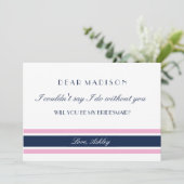 Pink & Navy Blue Stripes Wil je mijn bruidsmeisje Kaart (Staand voorkant)