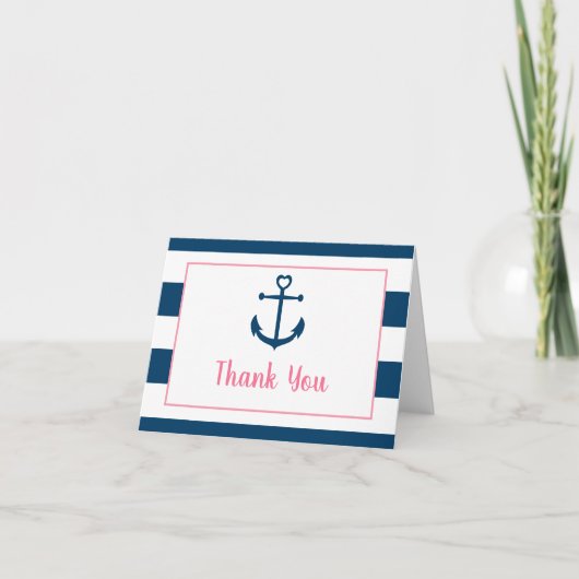 Pink Navy Girl Nautical Anchor Baby Shower Bedankkaart (Voorkant)