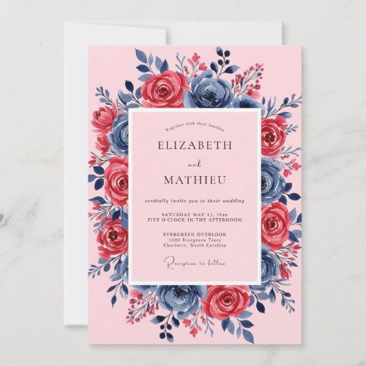 Pink Navy Lush Spring Wedding Kaart (Voorkant)