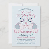 Pink & Navy Schattige Elephant Virtual Birthday Pa Kaart (Voorkant)