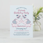Pink & Navy Schattige Elephant Virtual Birthday Pa Kaart (Staand voorkant)
