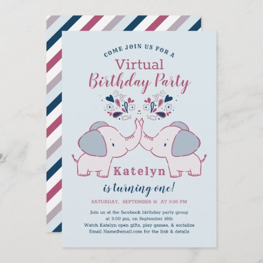 Pink & Navy Schattige Elephant Virtual Birthday Pa Kaart (Voorkant / Achterkant)