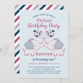 Pink & Navy Schattige Elephant Virtual Birthday Pa Kaart