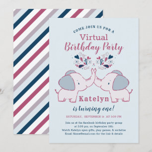 Pink & Navy Schattige Elephant Virtual Birthday Pa Kaart