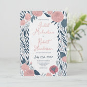 Pink Navy Waterverf Peony Floral Vines Weddenschap Kaart (Staand voorkant)