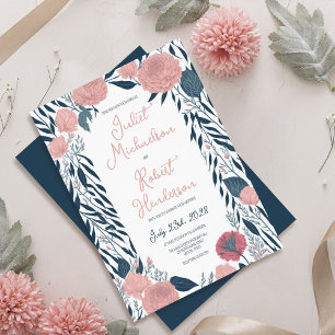 Pink Navy Waterverf Peony Floral Vines Weddenschap Kaart