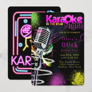 Pink Neon Black Karaoke 200th Birthday Party Kaart