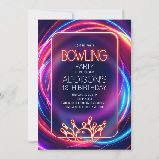 Pink Neon Bowling Verjaardag Uitnodiging (Voorkant)