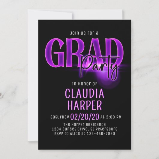 Pink Neon Graduation Grad Party Invitation Kaart (Voorkant)