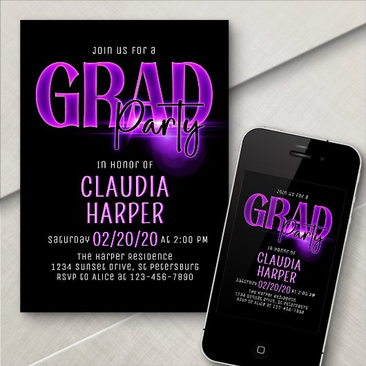 Pink Neon Graduation Grad Party Invitation Kaart