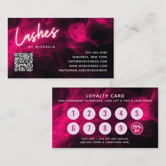 Pink Neon & Smoke Lash Salon QR Code Loyalty Card Visitekaartje (Voorkant / Achterkant)