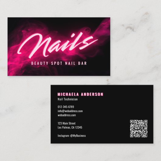 Pink Neon & Smoke Nail Salon QR Code & Socials Visitekaartje (Voorkant / Achterkant)
