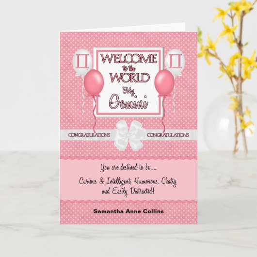 Pink New Baby Girl Gemini Gefeliciteerd Kaart (Gele Bloem)