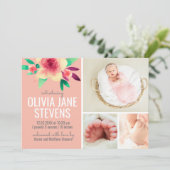 Pink Newborn Girl Foto Collage Floral Waterverf Save The Date (Staand voorkant)