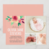 Pink Newborn Girl Foto Collage Floral Waterverf Save The Date (Voorkant / Achterkant)