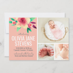 Pink Newborn Girl Foto Collage Floral Waterverf Save The Date