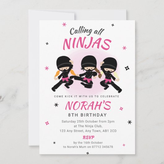 Pink Ninja Birthday Invitation Girls Karate Party Kaart (Voorkant)