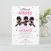 Pink Ninja Birthday Invitation Girls Karate Party Kaart (Staand voorkant)