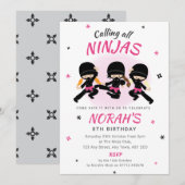 Pink Ninja Birthday Invitation Girls Karate Party Kaart (Voorkant / Achterkant)