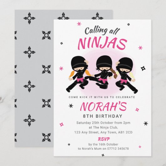 Pink Ninja Birthday Invitation Girls Karate Party Kaart (Voorkant / Achterkant)