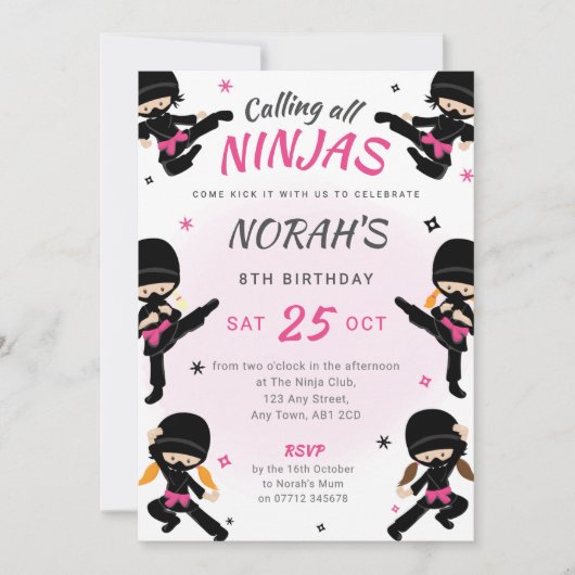 Pink Ninja Birthday Invite - Girls Karate Party Kaart (Voorkant)