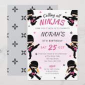 Pink Ninja Birthday Invite - Girls Karate Party Kaart (Voorkant / Achterkant)