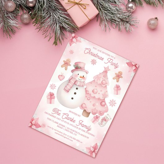 Pink Nontraditional Snowman Tree Christmas Party Kaart
