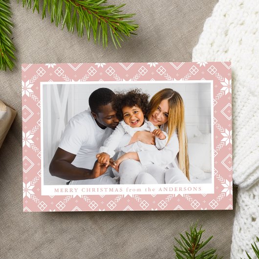 Pink Nordic Snowflake Patroon Foto Feestdagenkaart