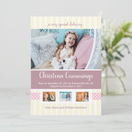 Pink Nursery Stripes Adoptie Aankondiging (Staand voorkant)