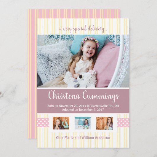 Pink Nursery Stripes Adoptie Aankondiging (Voorkant / Achterkant)