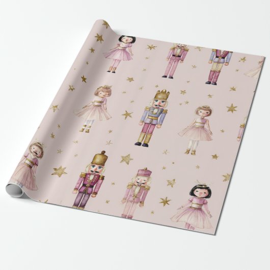 Pink Nutcracker Ballerina Christmas Cadeaupapier (Uitgerold)