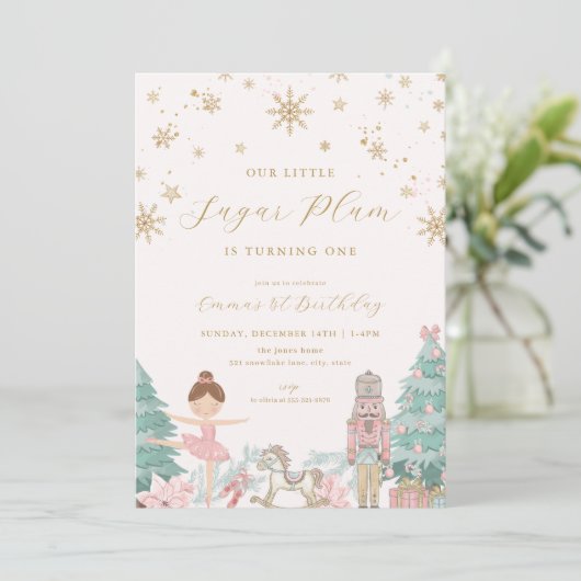 Pink Nutcracker Ballet 1st Birthday Invitation Kaart (Staand voorkant)