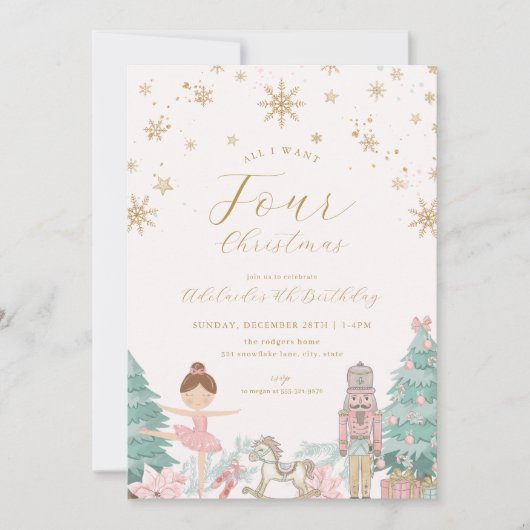 Pink Nutcracker Ballet Fourth Birthday Invitation Kaart (Voorkant)