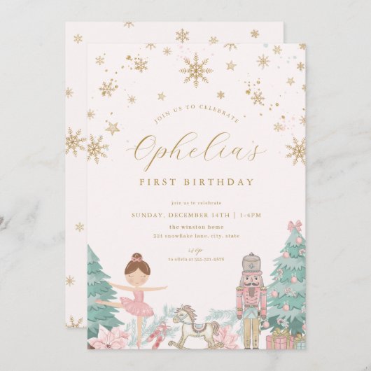 Pink Nutcracker Ballet Winter Birthday Invitation Kaart (Voorkant / Achterkant)