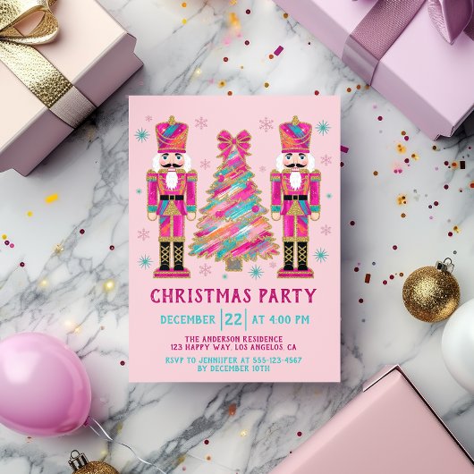 Pink Nutcracker Christmas Party | Glitter Holiday Kaart