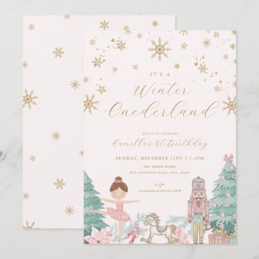 Pink Nutcracker Winter Onederland Birthday Invite Kaart (Voorkant / Achterkant)