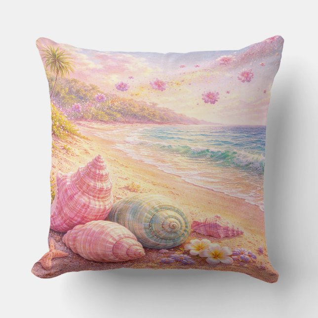 Pink Ocean Beach Shells Flowers Fantasy Landscape Kussen (Voorkant)
