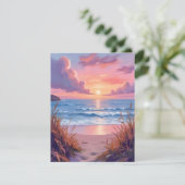 Pink Ocean Sunset Beach Watercolor Painting Card (Staand voorkant)