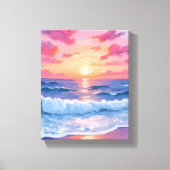 Pink Ocean Waves Sunset Watercolor Canvas Afdruk (Voorkant)