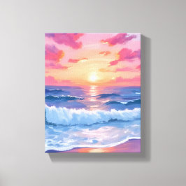 Pink Ocean Waves Sunset Watercolor Canvas Afdruk