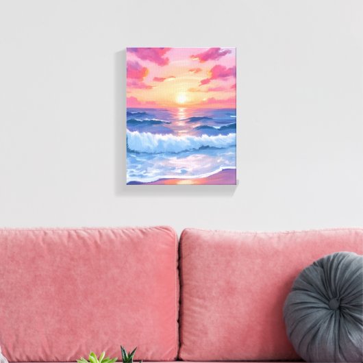 Pink Ocean Waves Sunset Watercolor Canvas Afdruk (Insitu (Woonkamer))