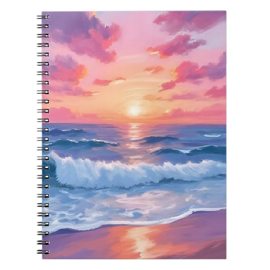 Pink Ocean Waves Sunset Watercolor Notitieboek (Voorkant)