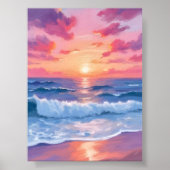 Pink Ocean Waves Sunset Watercolor Poster (Voorkant)